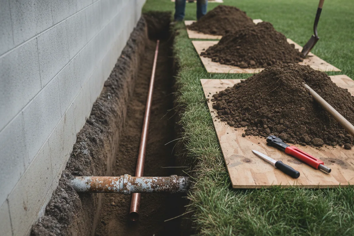 Excavated water line trench during Water Softener Installation in Ruffin